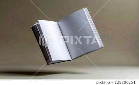 Open blank notebook with white pages and black cover floating in air on colorful background perfect for writing and creative projects 128280251