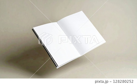 blank open book with white pages on a plain neutral background creating a minimalistic and versatile presentation for design or creative projects 128280252