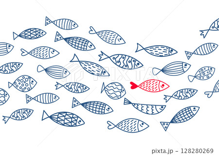 A wave of ornamental sardine. Cute vector sea interior poster. Blue school fish on white background. simple concept vector illustration. 128280269
