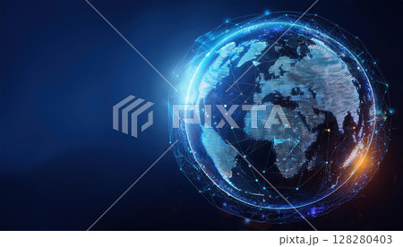 glowing digital globe showcasing interconnected AI nodes and networks, symbolizing global collaboration and technology 128280403