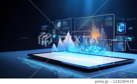 digital tablet clean surface displays glowing AI interface with collaborative data visualizations, showcasing advanced technology and innovation 128280419