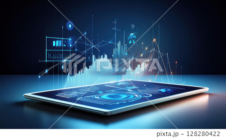 digital tablet displaying glowing AI interface with data visualizations and graphs, showcasing advanced technology and collaboration 128280422