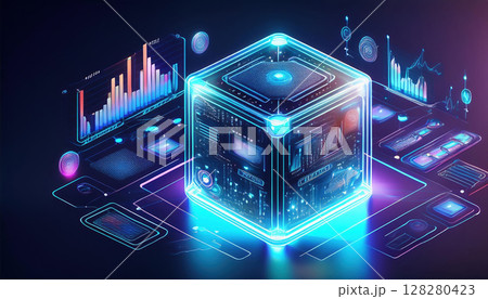 futuristic holographic cube showcasing collaborative AI with dynamic charts and data visualizations, representing advanced technology and 128280423