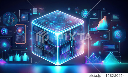 futuristic holographic cube showcasing collaborative AI with dynamic charts and data visualizations, representing innovation and technology 128280424