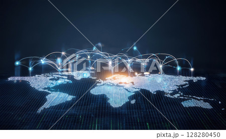 digital map showcasing interconnected nodes representing global collaboration and technology. glowing lines symbolize data flow and communication 128280450