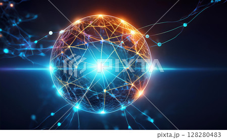 glowing neural network shaped like sphere, interconnected with AI nodes, symbolizes collaboration and innovation in technology glowing neural network shaped like sphere, interconnected with AI nodes, symbolizes collaboration and innovation in technology 128280483