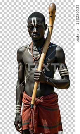 Dinka man stands confidently in South Sudan, his skin covered in ash to ward off insects. He is dressed in traditional attire, holding a wooden staff with an imposing presence. 128280533