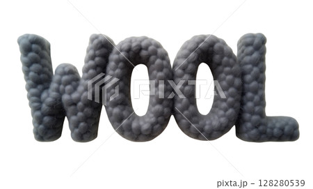 Fluffy grey wool threads form the word wool in a minimalist design, emphasizing texture and softness. This artistic representation highlights the material's unique qualities. Fluffy grey wool threads form the word wool in a minimalist design, emphasizing texture and softness. This artistic representation highlights the material's unique qualities. 128280539