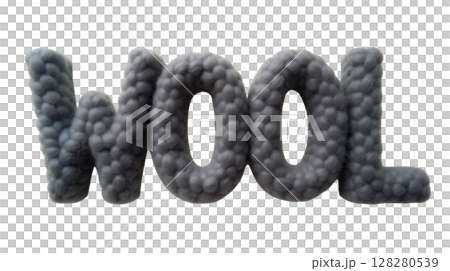 Fluffy grey wool threads form the word wool in a minimalist design, emphasizing texture and softness. This artistic representation highlights the material's unique qualities. Fluffy grey wool threads form the word wool in a minimalist design, emphasizing texture and softness. This artistic representation highlights the material's unique qualities. 128280539