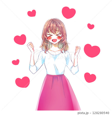 両手で握りこぶしを作り興奮する女性　ハート 128280540