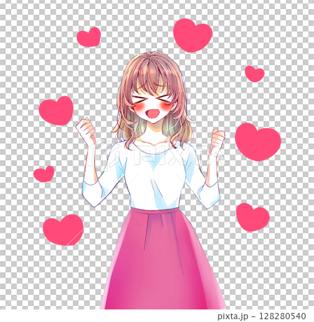 両手で握りこぶしを作り興奮する女性　ハート 128280540