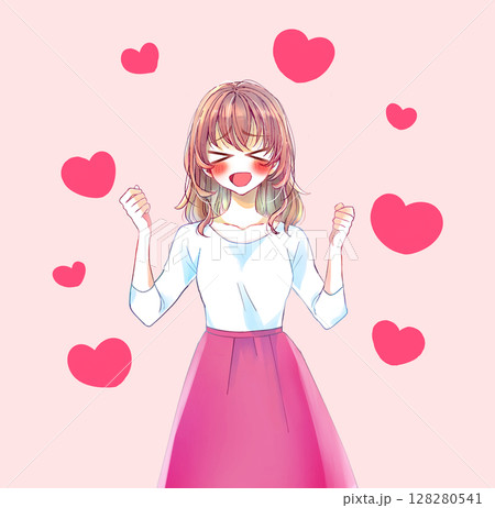 両手で握りこぶしを作り興奮する女性 ハート 両手で握りこぶしを作り興奮する女性 ハート 128280541