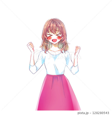 両手で握りこぶしを作り興奮する女性 128280543