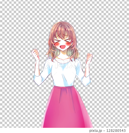 両手で握りこぶしを作り興奮する女性 128280543