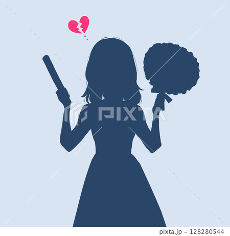 うちわとサイリウムを持って推し活をする女性 割れたハート シルエット うちわとサイリウムを持って推し活をする女性 割れたハート シルエット 128280544