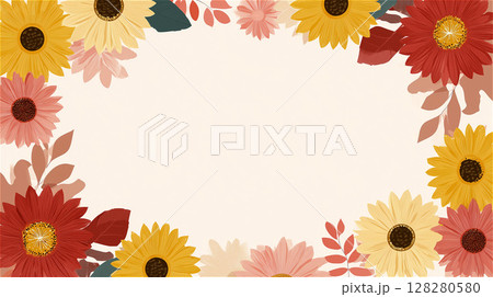 手描き風の向日葵と秋の花々が囲む温もりあるデザイン 128280580