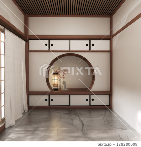 Circle shelf wall and decoration lamp on empty room japanese traditional.3D rendering 128280609