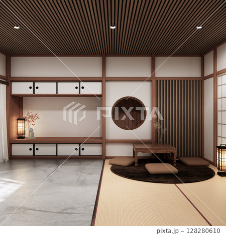 Chabudai japan traditional low table and decoration on minimal Japandi room japan style.3D rendering 128280610
