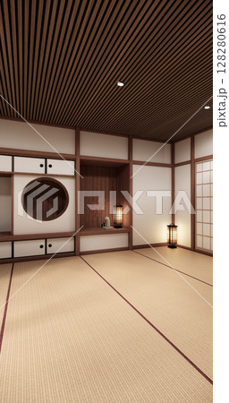 Circle shelf wall and decoration lamp on empty room japanese traditional.3D rendering 128280616