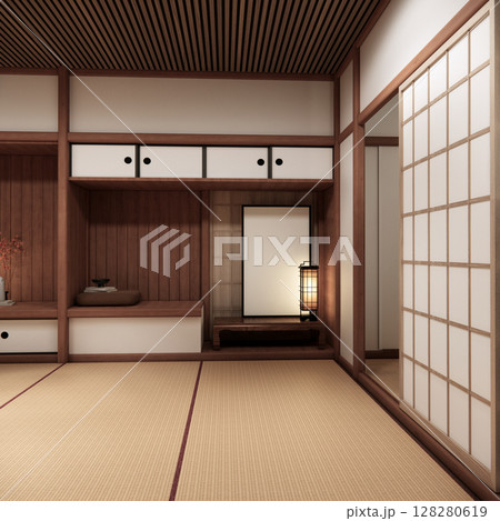 Tokonoma wall design Living room interior cleaning room Japanese traditional style. 3D rendering 128280619