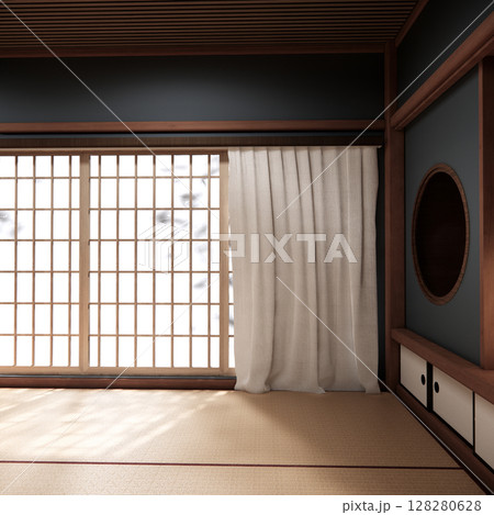 Tokonoma wall design Living room interior cleaning room Japanese traditional style. 3D rendering Tokonoma wall design Living room interior cleaning room Japanese traditional style. 3D rendering 128280628