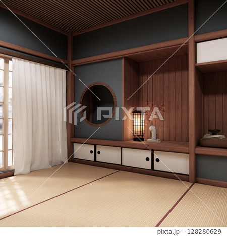 Tokonoma wall design Living room interior cleaning room Japanese traditional style. 3D rendering Tokonoma wall design Living room interior cleaning room Japanese traditional style. 3D rendering 128280629