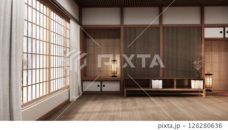 Mock up Cabinet design on earth tone wood room interior modern style .3D rendering 128280636