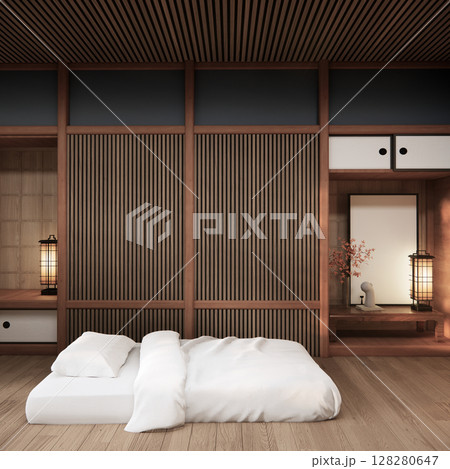 Bedroom Japanese traditional and mattress bed on floor and decoration japanese . 3D rendering Bedroom Japanese traditional and mattress bed on floor and decoration japanese . 3D rendering 128280647