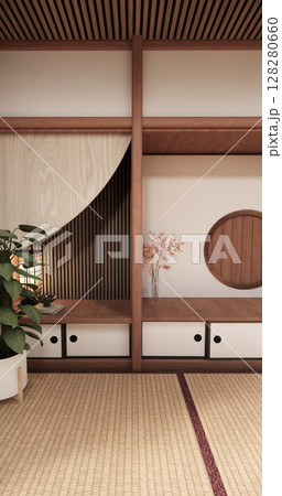 Tatami mat floor, room japanese traditional style. 3D rendering 128280660