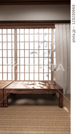 Chabudai japan traditional low table and decoration on minimal Japandi room japan style.3D rendering Chabudai japan traditional low table and decoration on minimal Japandi room japan style.3D rendering 128280668