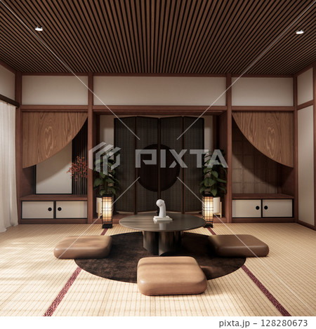 Chabudai japan traditional low table and decoration on minimal Japandi room japan style.3D rendering Chabudai japan traditional low table and decoration on minimal Japandi room japan style.3D rendering 128280673