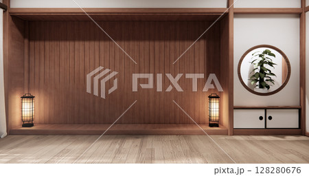 Scandinavian empty room designed to have a Japanese feel, Mock up modern japandi room.3D rendering 128280676