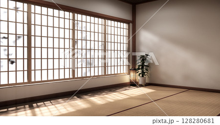 Tatami mat floor, room japanese traditional style. 3D rendering 128280681