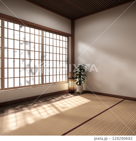 Tatami mat floor, room japanese traditional style. 3D rendering 128280682