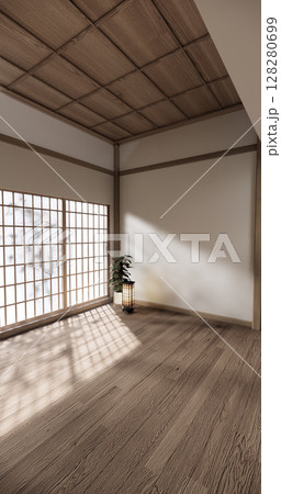 Mock up Cabinet design on earth tone wood room interior modern style .3D rendering 128280699