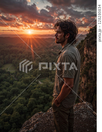 A lone figure stands silhouetted on a mountain edge, overlooking a vast, breathtaking sunset landscape of forests and peaks. 128280834