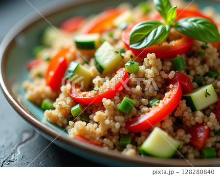 Colorful Quinoa Salad with Fresh Vegetables in Ceramic Plate under Daylight Colorful Quinoa Salad with Fresh Vegetables in Ceramic Plate under Daylight 128280840