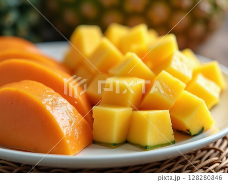 Artful Tropical Fruit Platter with Sliced Mango Papaya and Rattan Backdrop 128280846