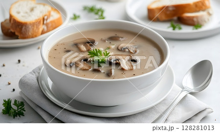 Mushroom soup in a white bowl served with toast placed on white wooden table.	 128281013