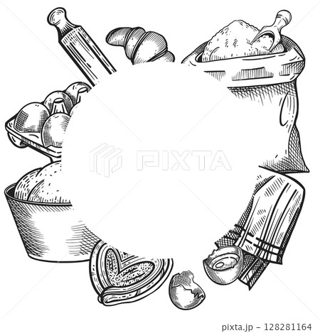 A round frame on the theme of baking, a bag of flour, a rolling pin, croissants, sweet buns, eggs, a bowl of dough. The illustration is suitable for bakery sign design, product packaging design 128281164