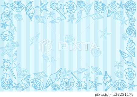 Abstract design of various seashells and starfish in blue outlines on a vertical blue stripes background, with copy space at the center for text.  Abstract design of various seashells and starfish in blue outlines on a vertical blue stripes background, with copy space at the center for text.  128281179
