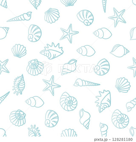 Seamless pattern of various seashells and starfish in light blue outlines on a white background, often used for backgrounds, textiles, and other decorative purposes.  128281180