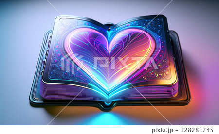 glowing heart themed scrapbook with vibrant holographic pages and tabs, showcasing dynamic designs and futuristic elements 128281235