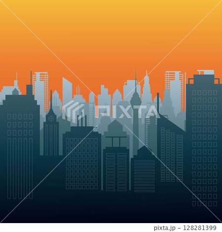 Stylized cityscape silhouettes against a sunset or sunrise backdrop, characterized by a warm orange sky fading into cooler blues and greys of the buildings. Stylized cityscape silhouettes against a sunset or sunrise backdrop, characterized by a warm orange sky fading into cooler blues and greys of the buildings. 128281399