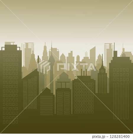 Stylized silhouettes of a city skylines against a faded sky background, fading into cooler gradient of brownish green of the buildings. 128281400