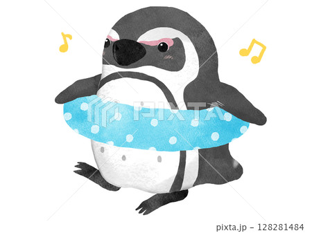 ペンギンと浮き輪のイラスト(水玉模様) ペンギンと浮き輪のイラスト(水玉模様) 128281484