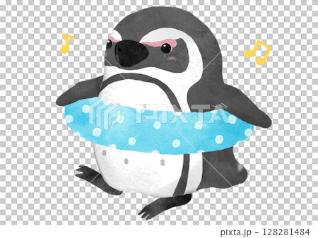 ペンギンと浮き輪のイラスト(水玉模様) ペンギンと浮き輪のイラスト(水玉模様) 128281484