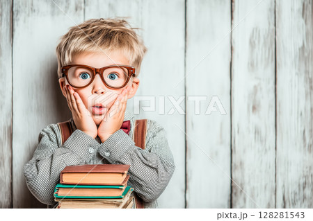 Surprised boy with glasses and books Surprised boy with glasses and books 128281543