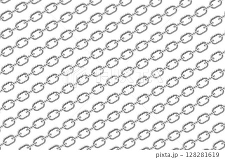 Pattern design of silver-colored metal chains, a series of interconnected, usually metal links or rings fitted into one another. Silver chaisn on white background. 128281619