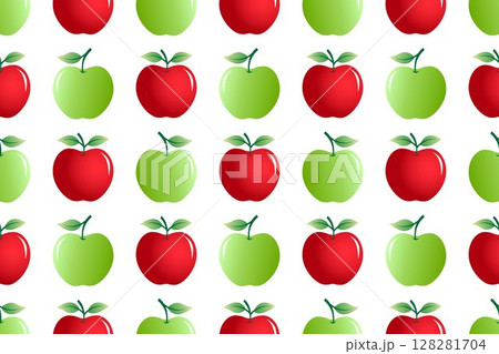 Seamless pattern of red and green apples and its green leaves on white background, vector illustration doodle design on white background. 128281704